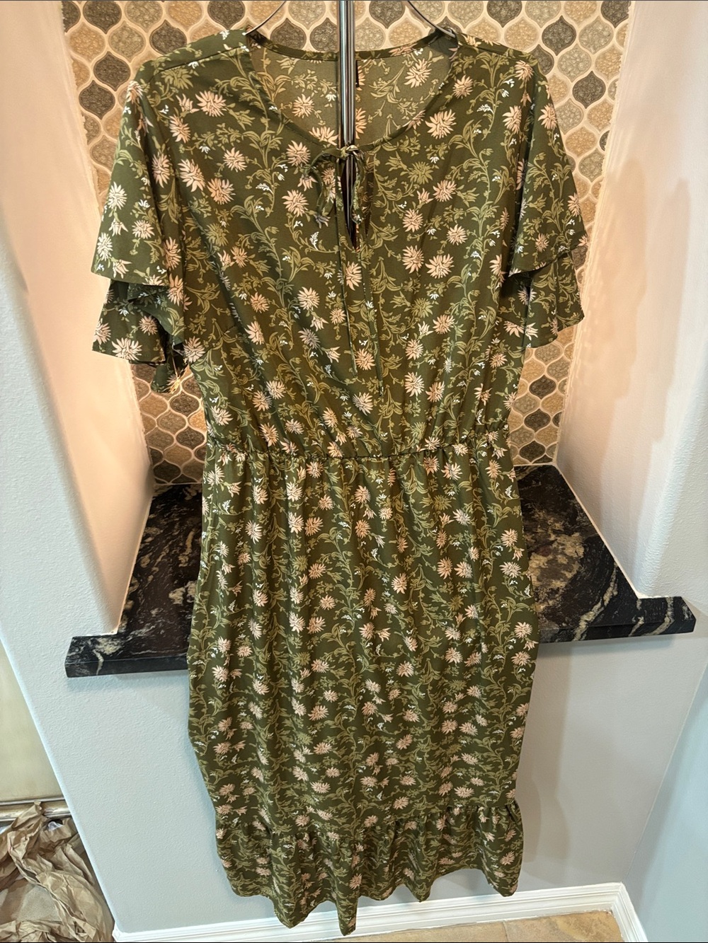 Olive Green Floral Tie-Neck Dress